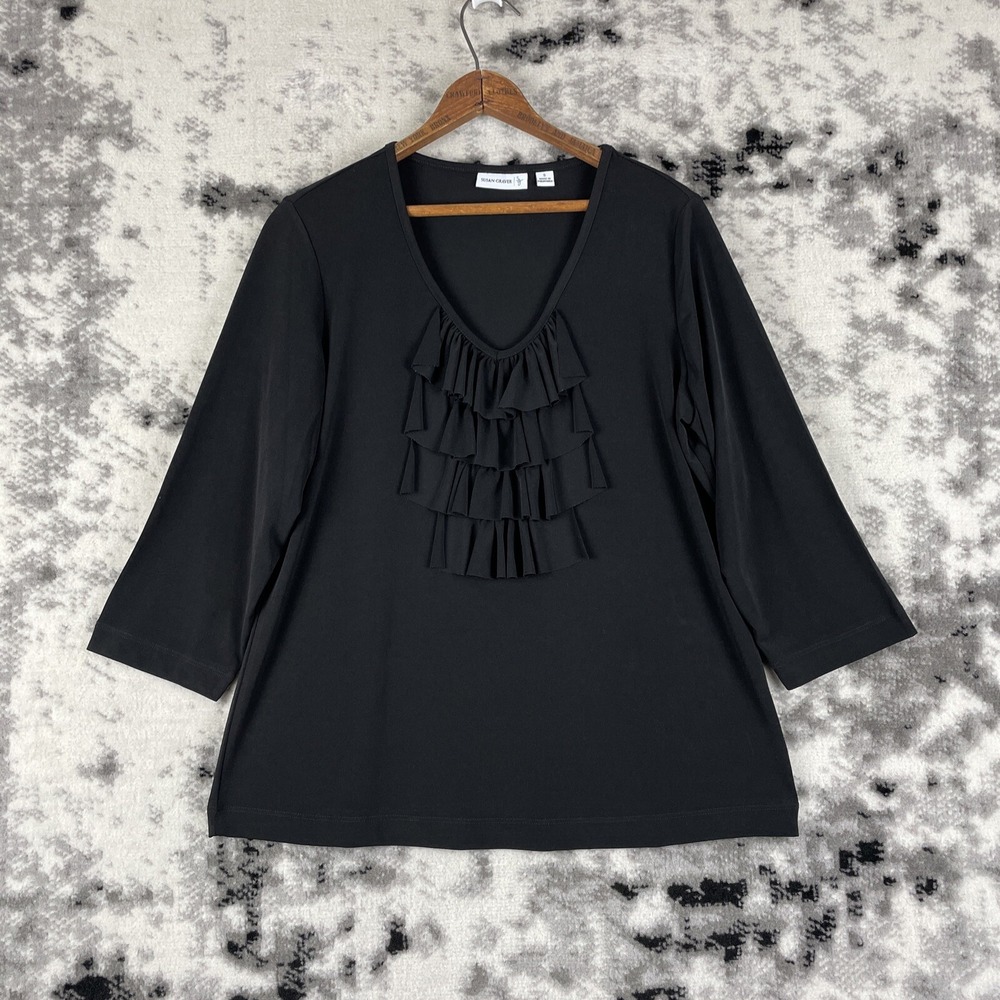 Susan Graver Blouse Womens Size Small Ruffle Neck Black Liquid Knit